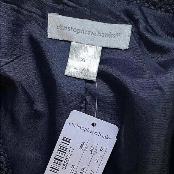 New Christopher & Banks Tweed Chain Trim Blazer Jacket Navy Blue Silver Size XL - Picture 5 of 6
